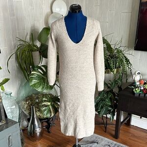Ribbed V-Neck Long Sleeve Knit Dress - Cream